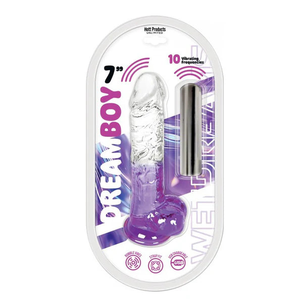 Dream Boy jelly dildo 7" packaging with purple and clear design on a white background
