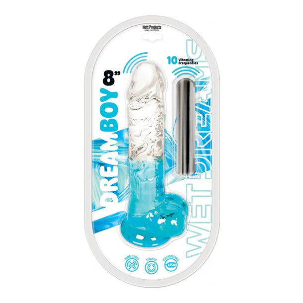Dream Boy jelly dildo 8" with packaging on a white background