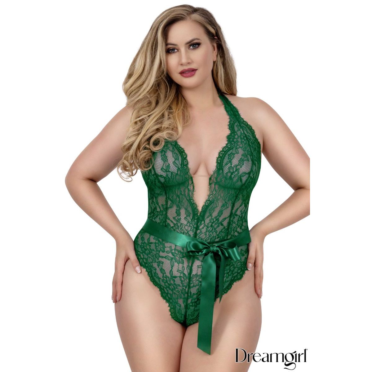 green lace teddy with waist tie worn by female model. front view