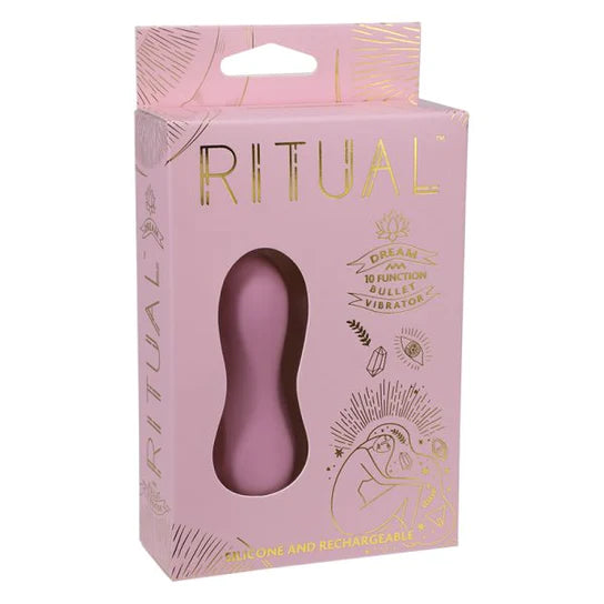 a pink and gold box with a plastic window showing off a pink thumb sized vibrator with a smaller middle