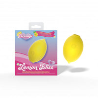 yellow lemon shaped clitoral stimulation toy. beside box packaging