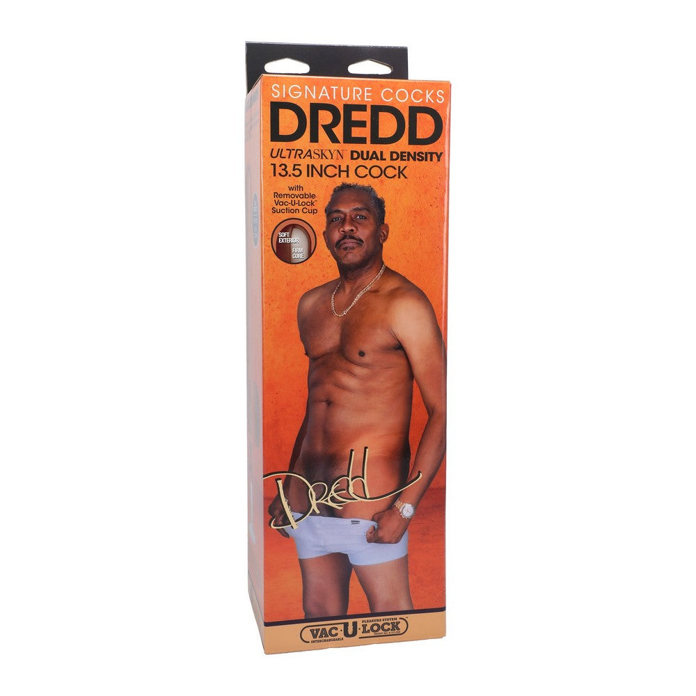 Product packaging for 'Dredd' signature cocks with a man wearing underwear on an orange background.