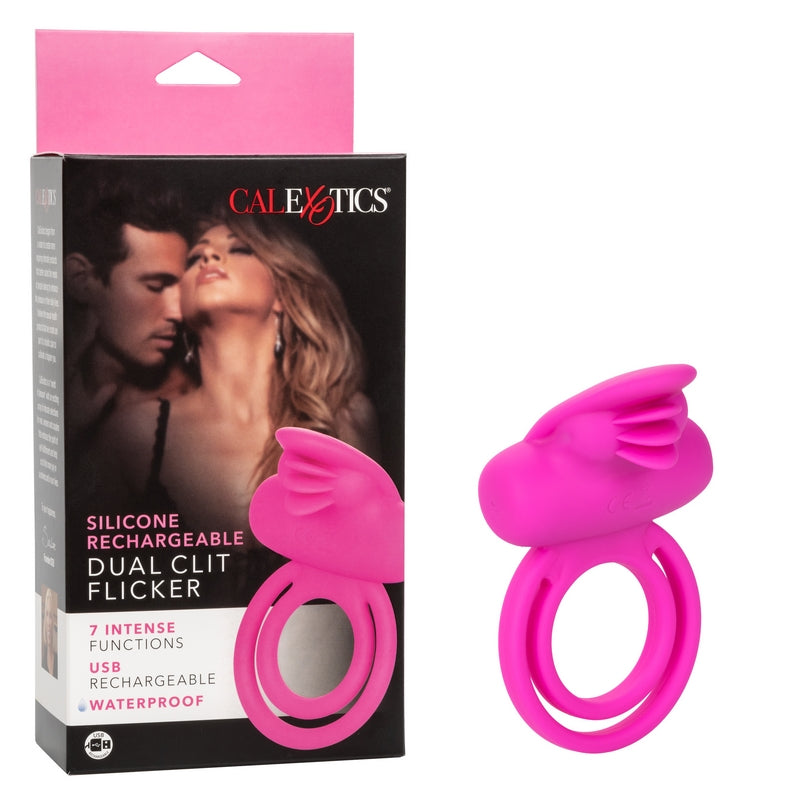 pink silicone rechargeable vibrating double cock ring with clit flicker next to cal exotics package