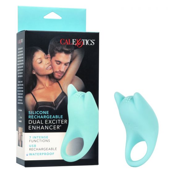 turquoise silicone vibrating rechargeable cocck ring with clitoral stimulator next to cal exotics package