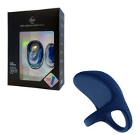 Blue dual passion vibrating cock ring and its packaging on a white background
