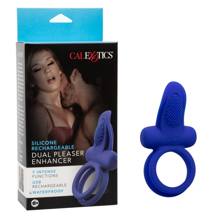 blue silicone double cock ring with clitoral stimulator next to cal exotics box