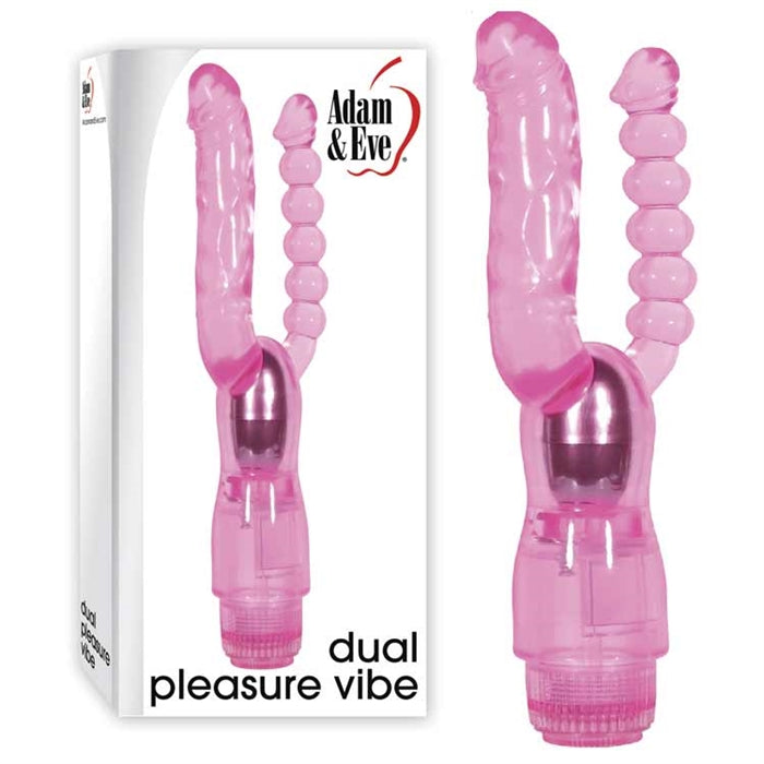 pink jelly dual penetrator with beaded anal toy next to box