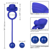 blue silicone rechargeable vibrating double cock ring with clitoral stimulator and weighted anal ball with information and measurements