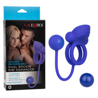 blue silicone rechargeable vibrating double cock ring with clitoral stimulator and weighted anal ball next to cal exotics box