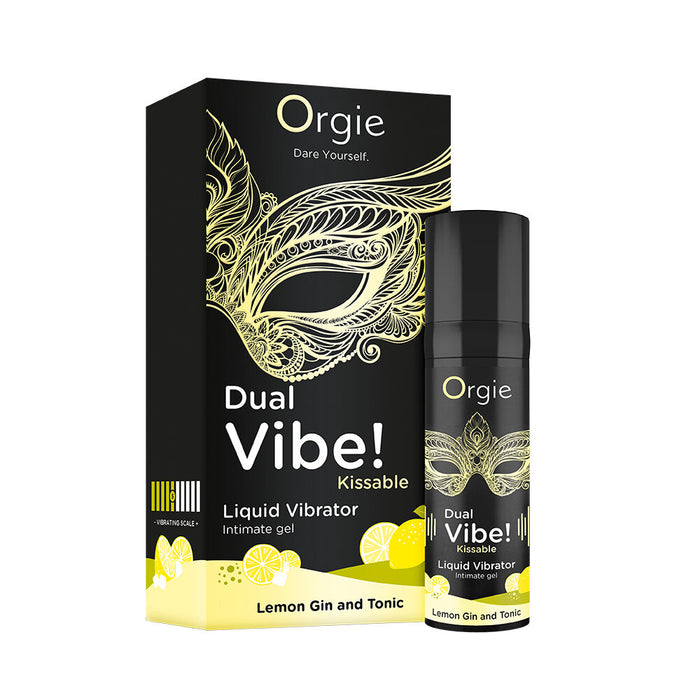 Orgie Dual Vibe Liquid Vibrator packaging with black and gold design on a white background