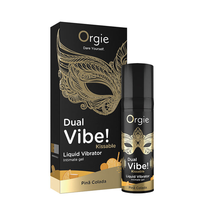 Orgie Dual Vibe Liquid Vibrator packaging with black and gold design on a white background