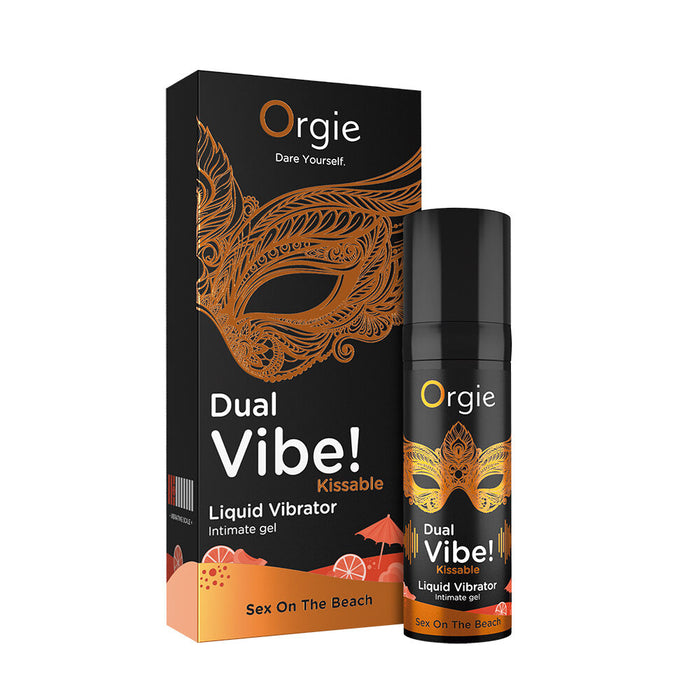 Orgie Dual Vibe Liquid Vibrator packaging sex on the beach with mask design on a white background