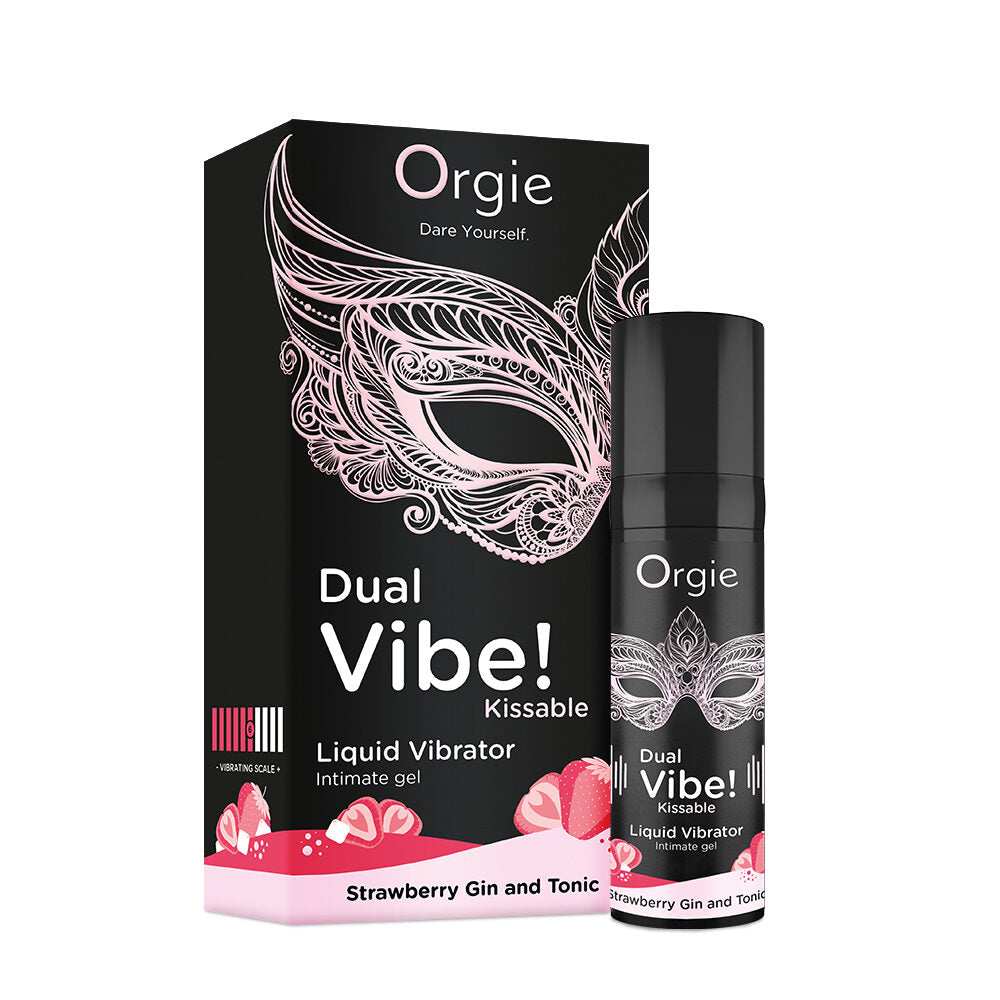 Orgie Dual Vibe Liquid Vibrator packaging strawberry gin and tonic with black and pink design on a white background