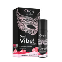 Orgie Dual Vibe Liquid Vibrator packaging strawberry gin and tonic with black and pink design on a white background