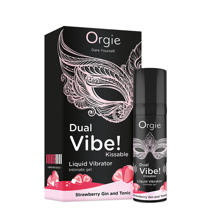 Orgie Dual Vibe Liquid Vibrator packaging strawberry gin and tonic with black and pink design on a white background