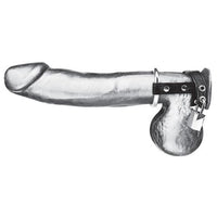 Erect penis with a silver ring around the base of the penis. The silver ring is attached to the black leather like material that circles the base of the penis and the balls with a silver lock on it 