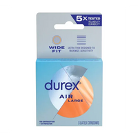 Packaging of Durex Air Wide Fit Condoms showing the box with branding and product information.