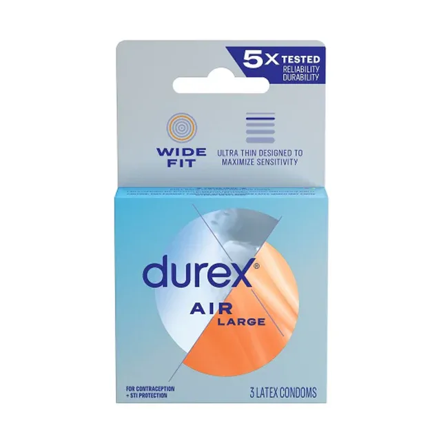 Packaging of Durex Air Wide Fit Condoms showing the box with branding and product information.