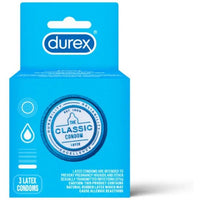 Packaging of Classic Condoms by Durex, showing the box with the brand logo and product information.