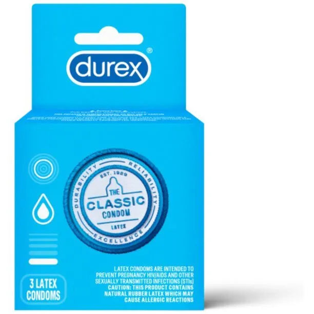 Packaging of Classic Condoms by Durex, showing the box with the brand logo and product information.