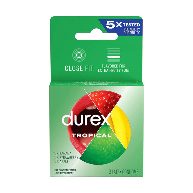 Packaging for Durex Tropical flavored condoms, featuring images of fruits and the indication that the pack includes strawberry, apple, orange, and banana flavored condoms.