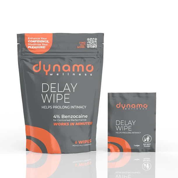 Two packages of Dynamo Wellness Delay Wipes on a white background
