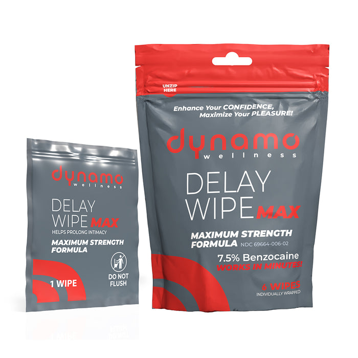 Two packages of Dynamo Wellness Delay Wipe Max on a white background