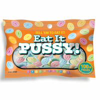 Candy package eat it pussy with colorful design and text on a white background