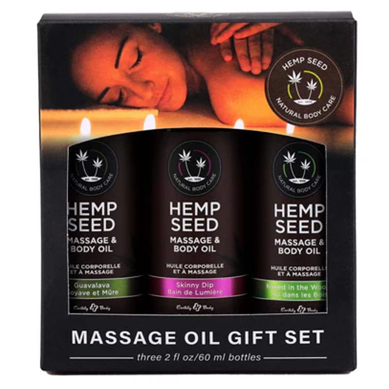Earthly Body Hemp Seed Massage Oil Trio Gift Set Naked in the Woods, Skinny Dip, Guavalava