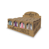 penis candles in vanilla scent in blue, brown, pink and purple in box display
