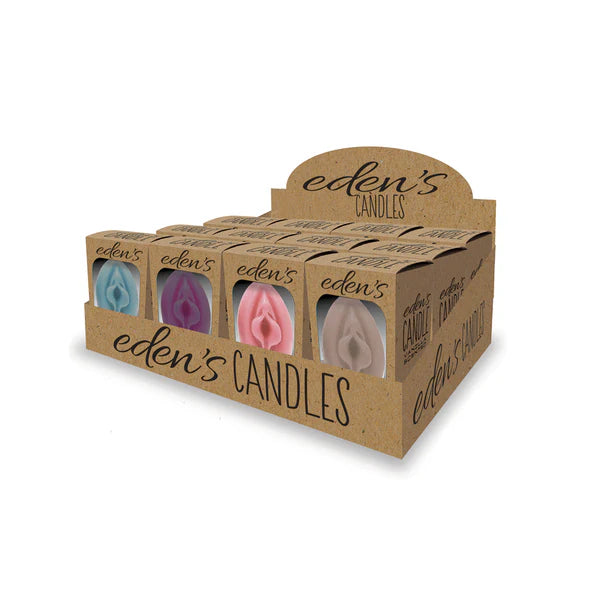 vagina shaped scented vanilla candles in brown, blue, pink and purple in display box
