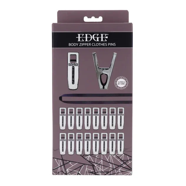 Packaging of Edge body zipper clothes pins with a purple background