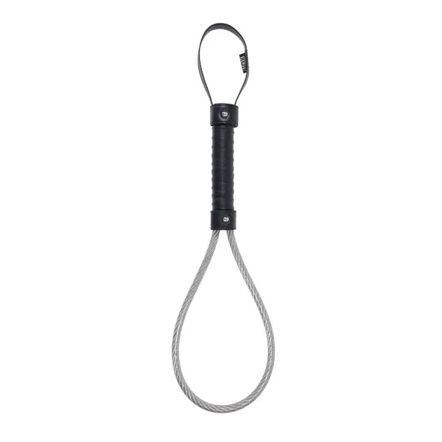 Black metal loop spanker with metal clip on a white background