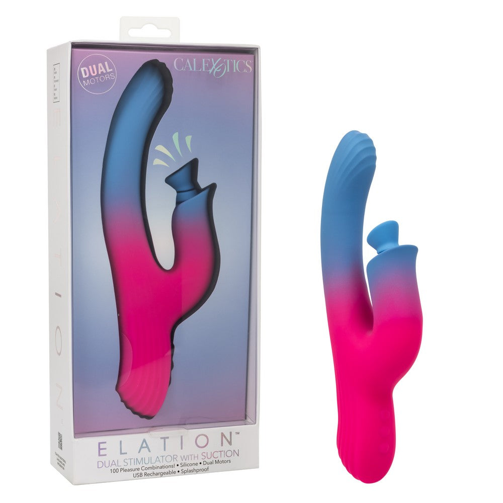 blue & pink ombre vibrator with curved head, and clitoral sucker stimulator, beside box packaging
