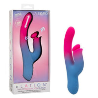 pink & blue ombre vibrator with curved head, thrusting action, clitoral bumper stimulator vibrator beside box packaging