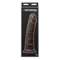 a black box displaying a black penis shaped dildo with a suction cup base