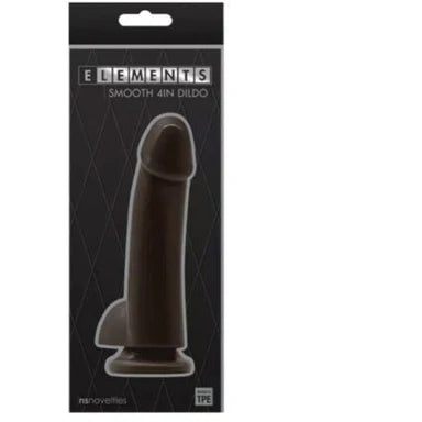 a black display box depicting a smooth black penis shaped dildo with balls and a suction cup
