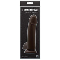 a black display box depicting a smooth black penis shaped dildo with balls and a suction cup