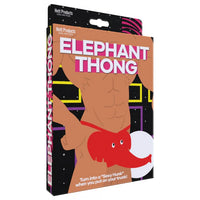 Packaging of 'Elephant Thong' product with cartoon illustration on a white background