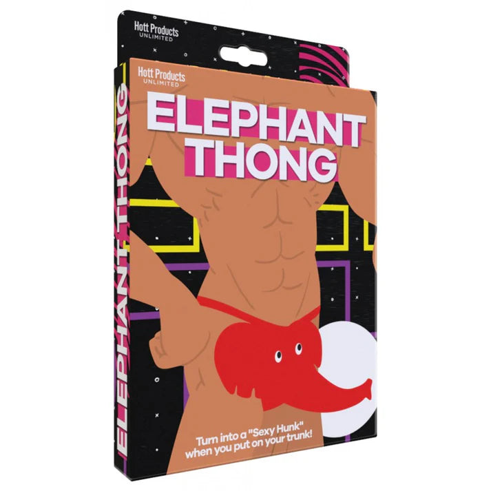 Packaging of 'Elephant Thong' product with cartoon illustration on a white background