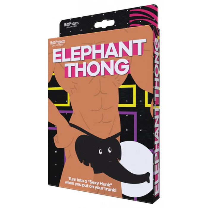 Packaging for 'Elephant Thong' with cartoon illustration of elephant wearing a thong.