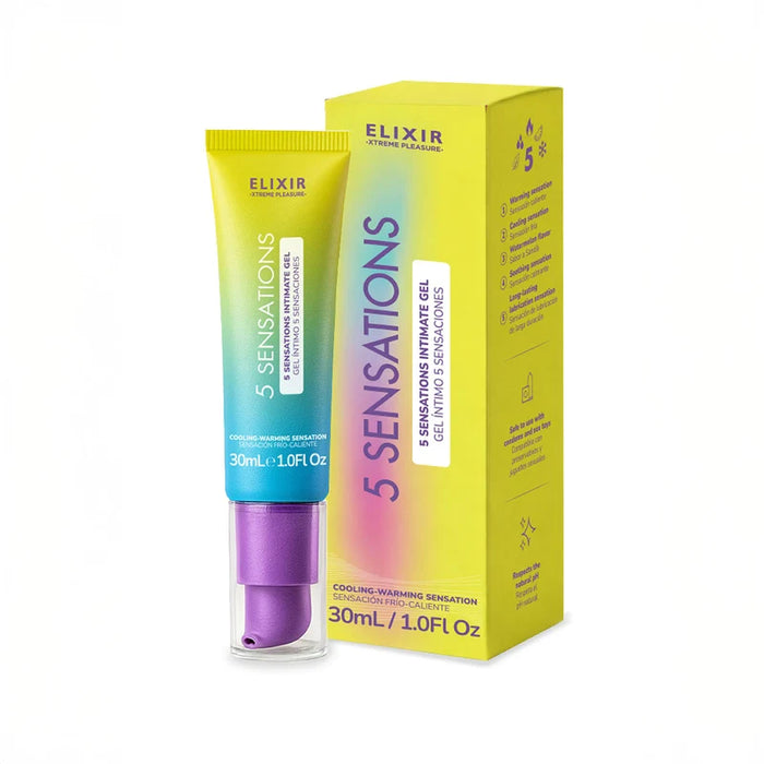 Elixir 5 Sensations Intimate Gel in a 30mL squeeze tube with its matching yellow packaging box, displayed on a clean white background.