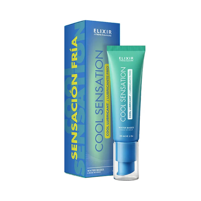 Elixir Cool Sensation Cooling Intimate Gel, water-based formula in a 30 mL pump tube with product box.