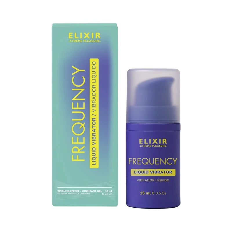 Elixir Frequency Liquid Vibrator tingling gel 15 mL with purple pump bottle and turquoise product box.