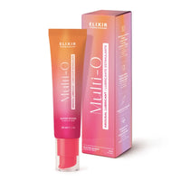 A squeeze tube and matching box of Elixir Multi-O Water Based Aromatal Lubricant, featuring a vibrant orange-to-pink gradient design on a clean white background.