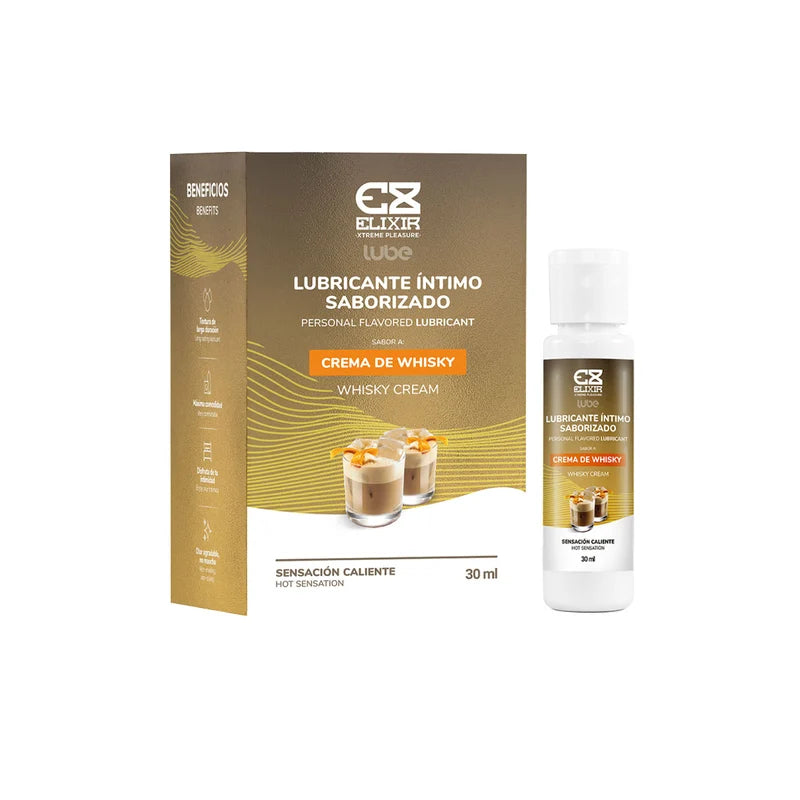 Elixir Whiskey Cream Flavoured Lubricant with warming sensation, 30 mL bottle and product box