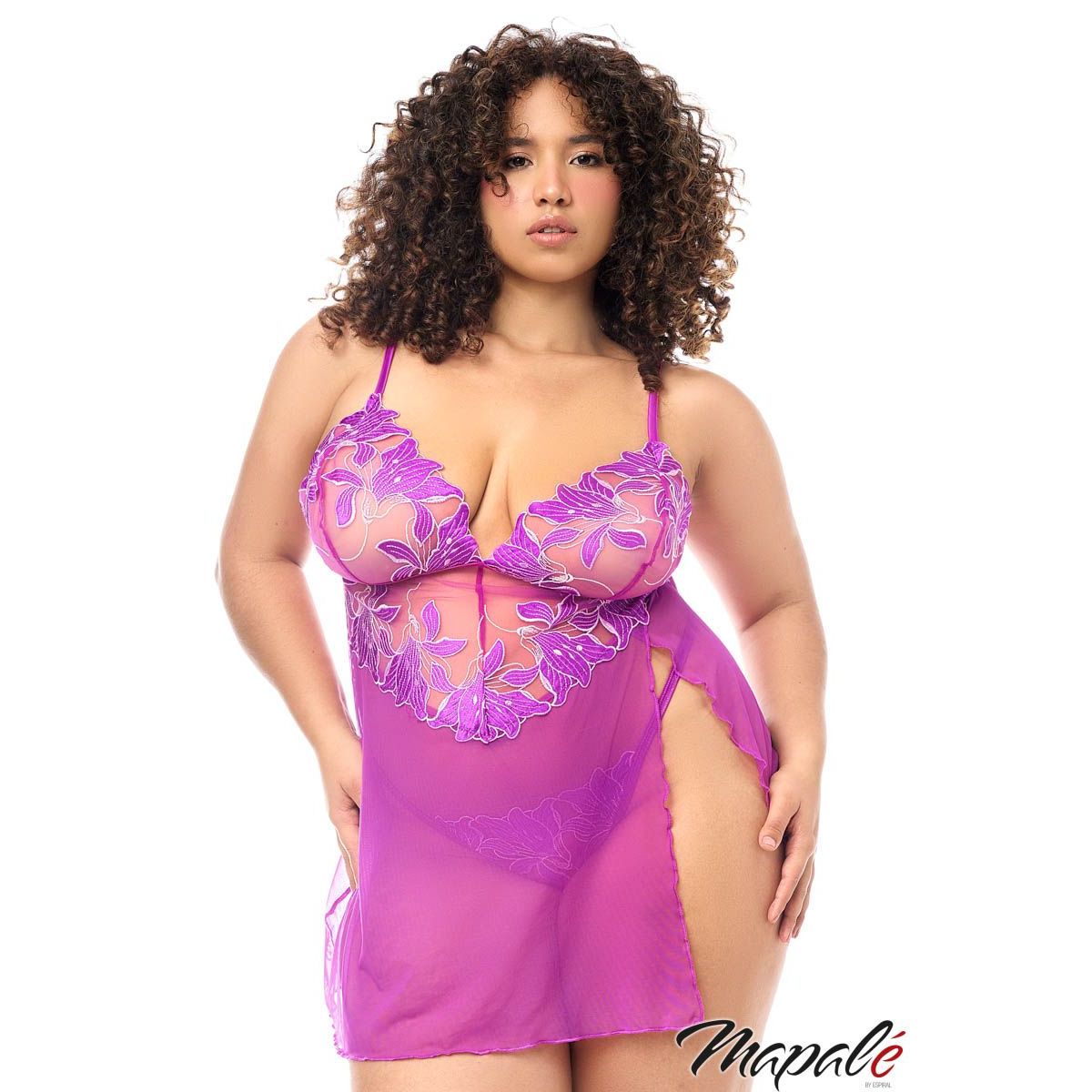 Woman wearing a purple lace nightgown with floral details on a white background, featuring the brand 'Mapale'.
