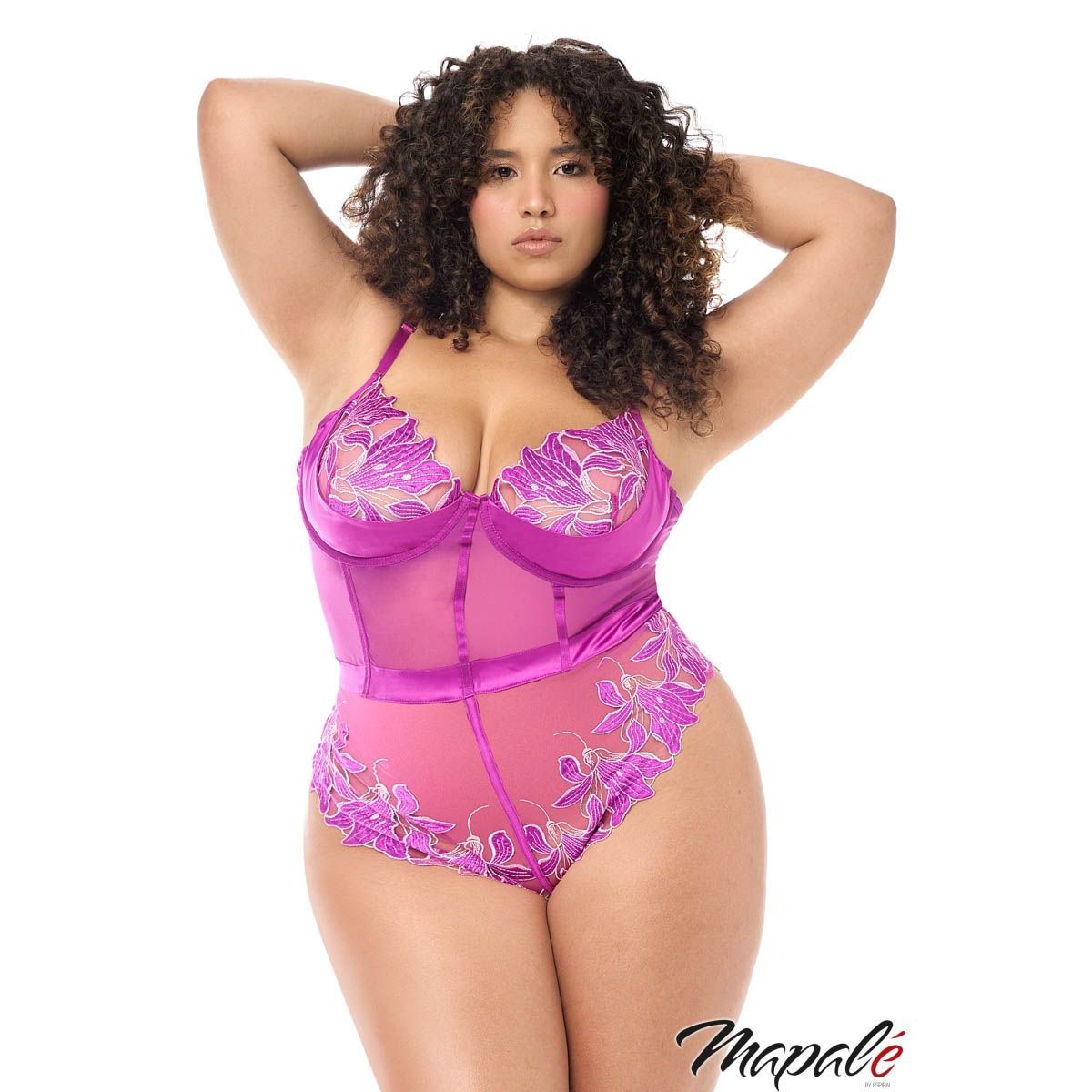 Woman wearing a pink and purple lingerie set with floral details on a white background, featuring the brand 'Mapale'.