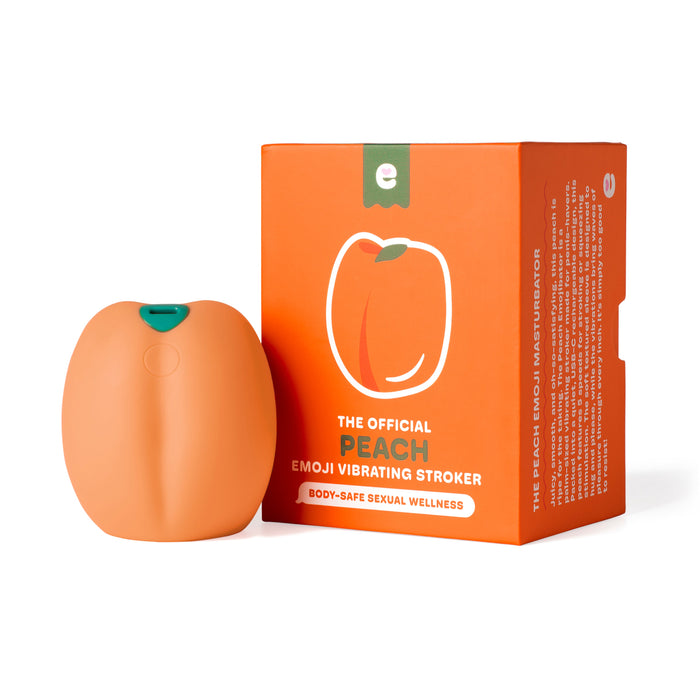 Peach-shaped masturbator and packaging on a white background