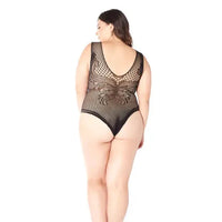 Woman wearing a black lace bodysuit on a white background